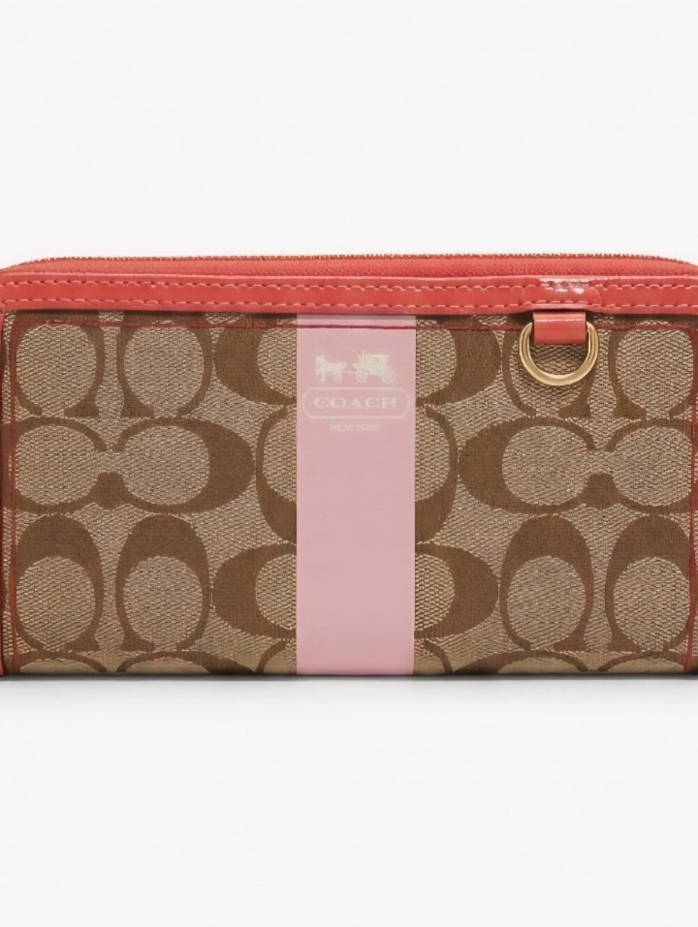 Coach Brown Signature Zip Wallet with Pink Center Stripe and Red Trim